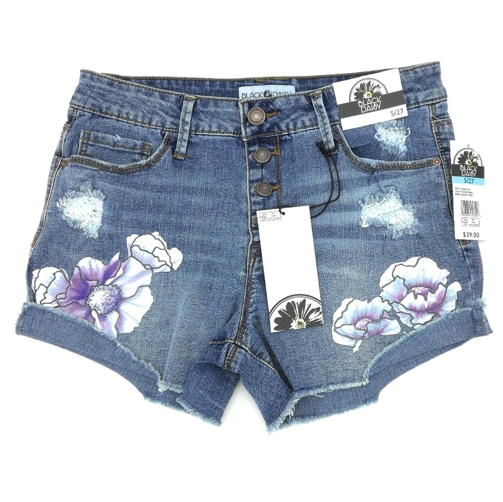 Black Daisy Floral Distressed Denim Shorts Juniors 5/27 High Rise Raw Hem